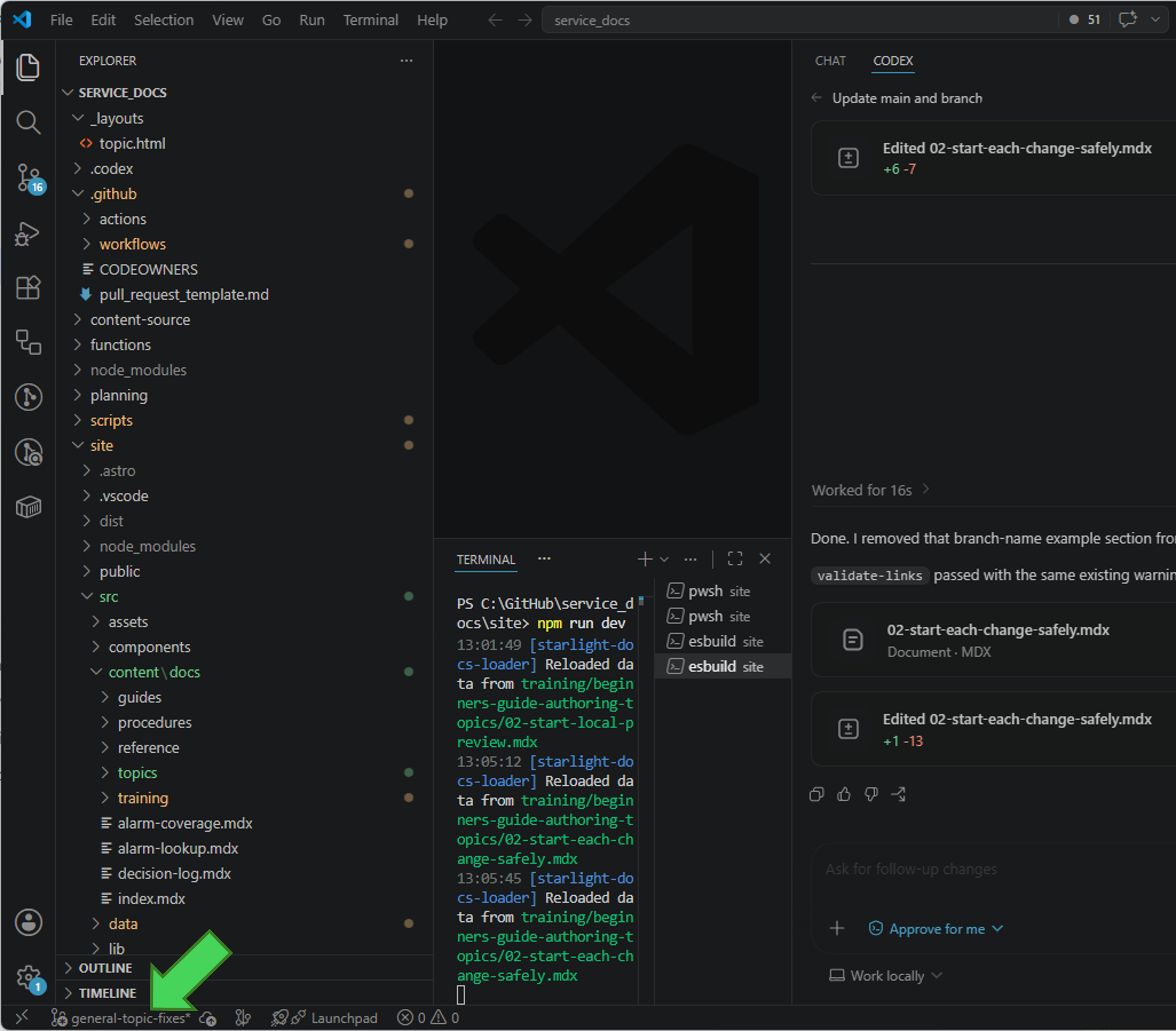 VS Code status bar showing the current branch in the bottom left corner