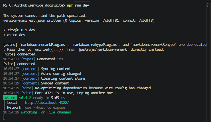VS Code terminal showing npm run dev with the local preview URL