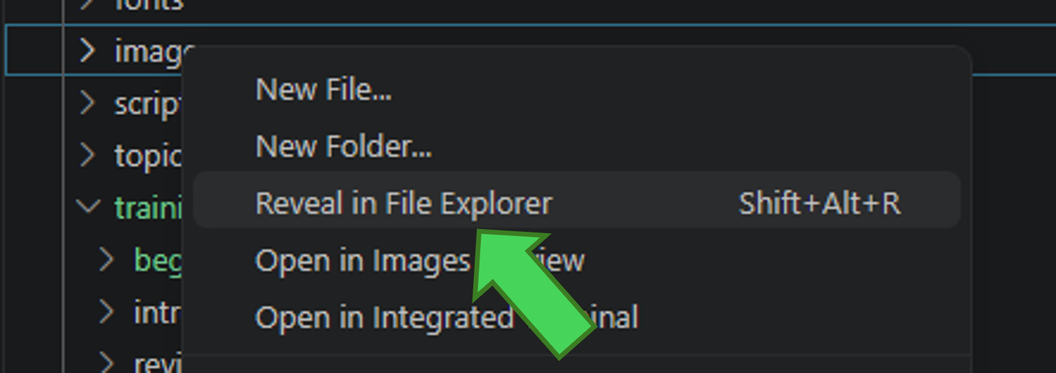 VS Code right-click menu showing Reveal in File Explorer