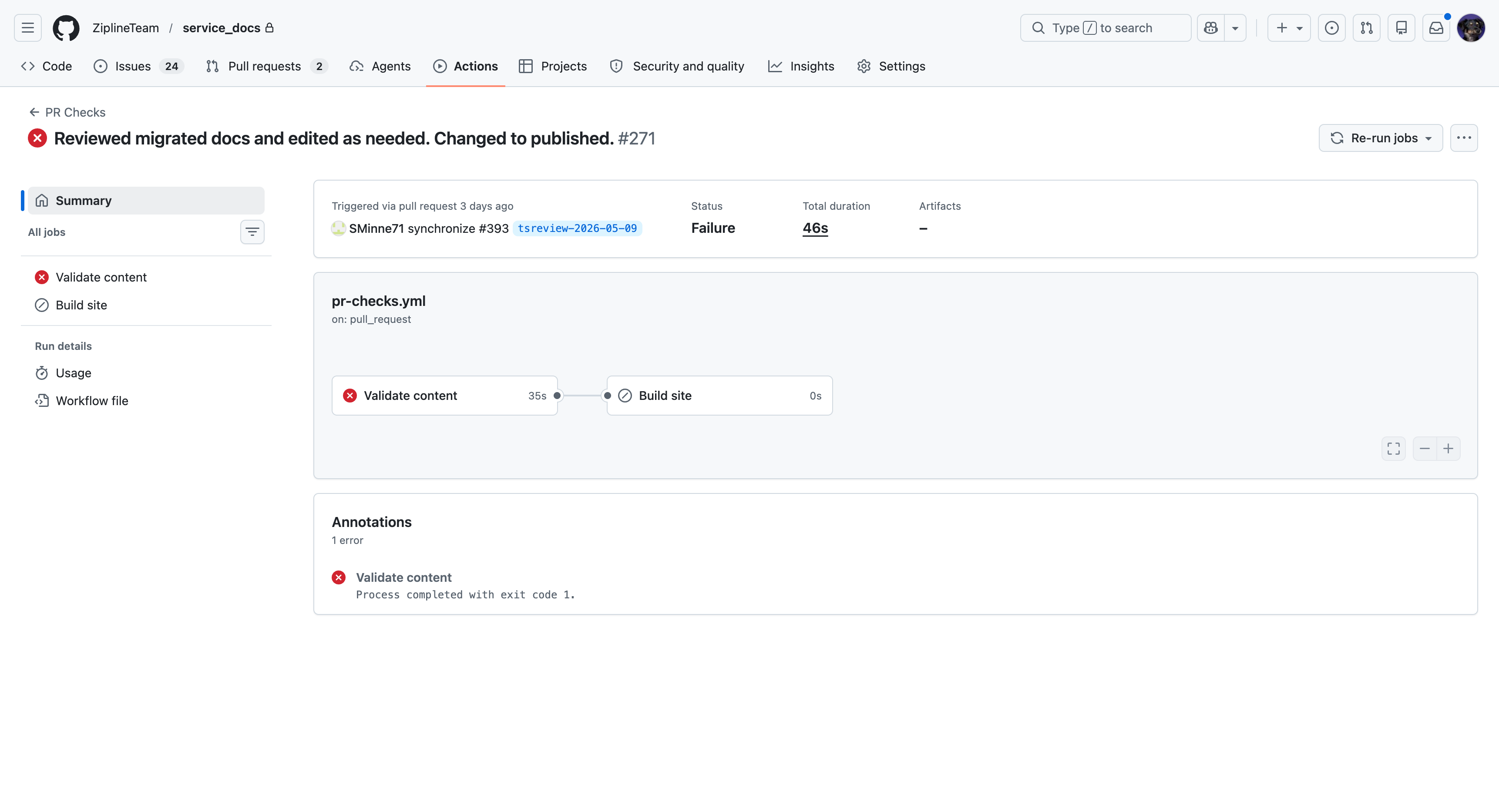 Failing pull request overview with red Validate content job.