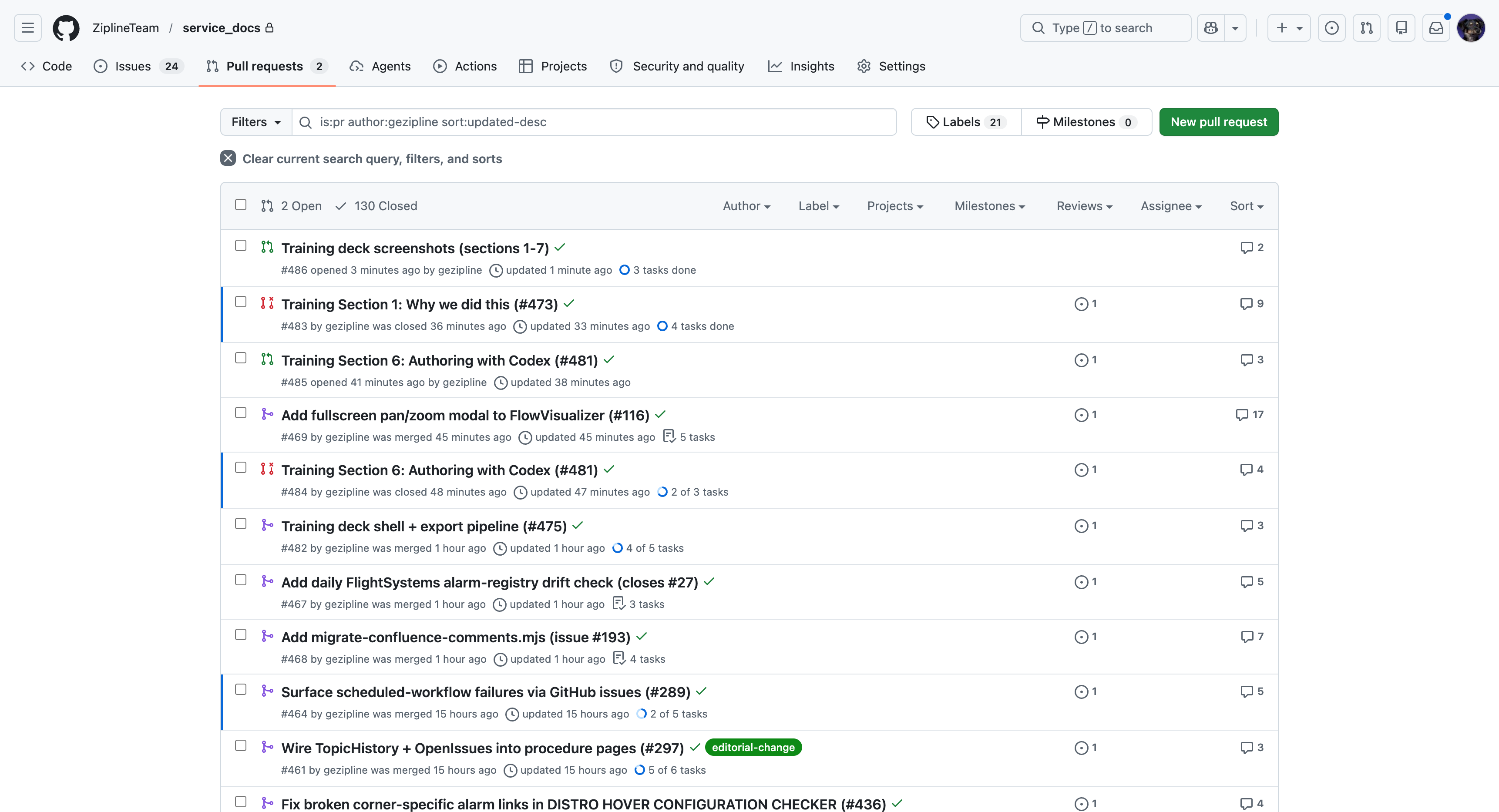 GitHub pull-request list view.