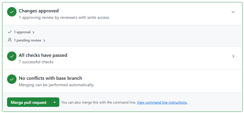 GitHub pull request with approvals and checks complete and the Merge pull request button available.