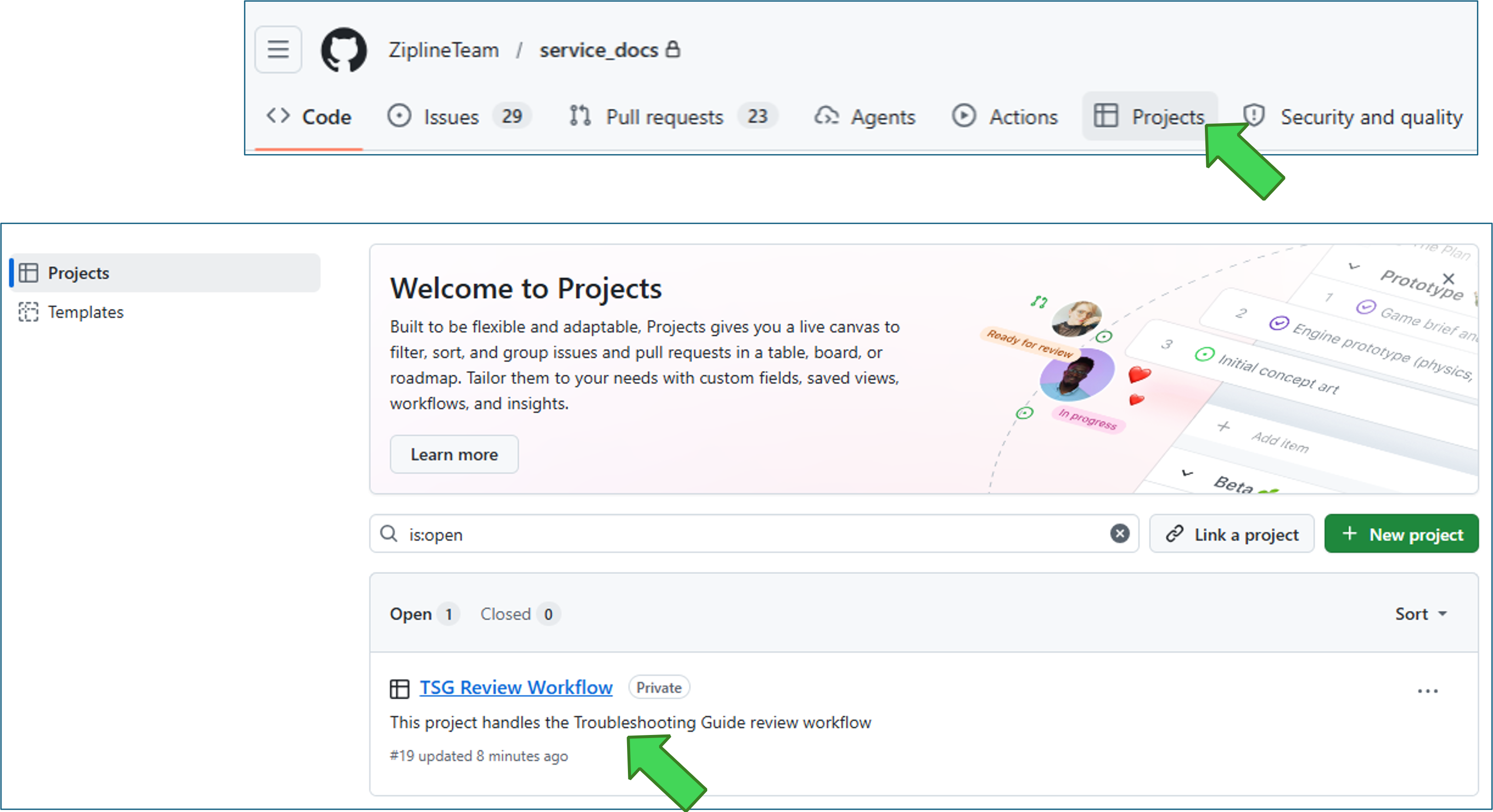 GitHub screenshots showing how to open the TSG Review Workflow project board from the service_docs repo.