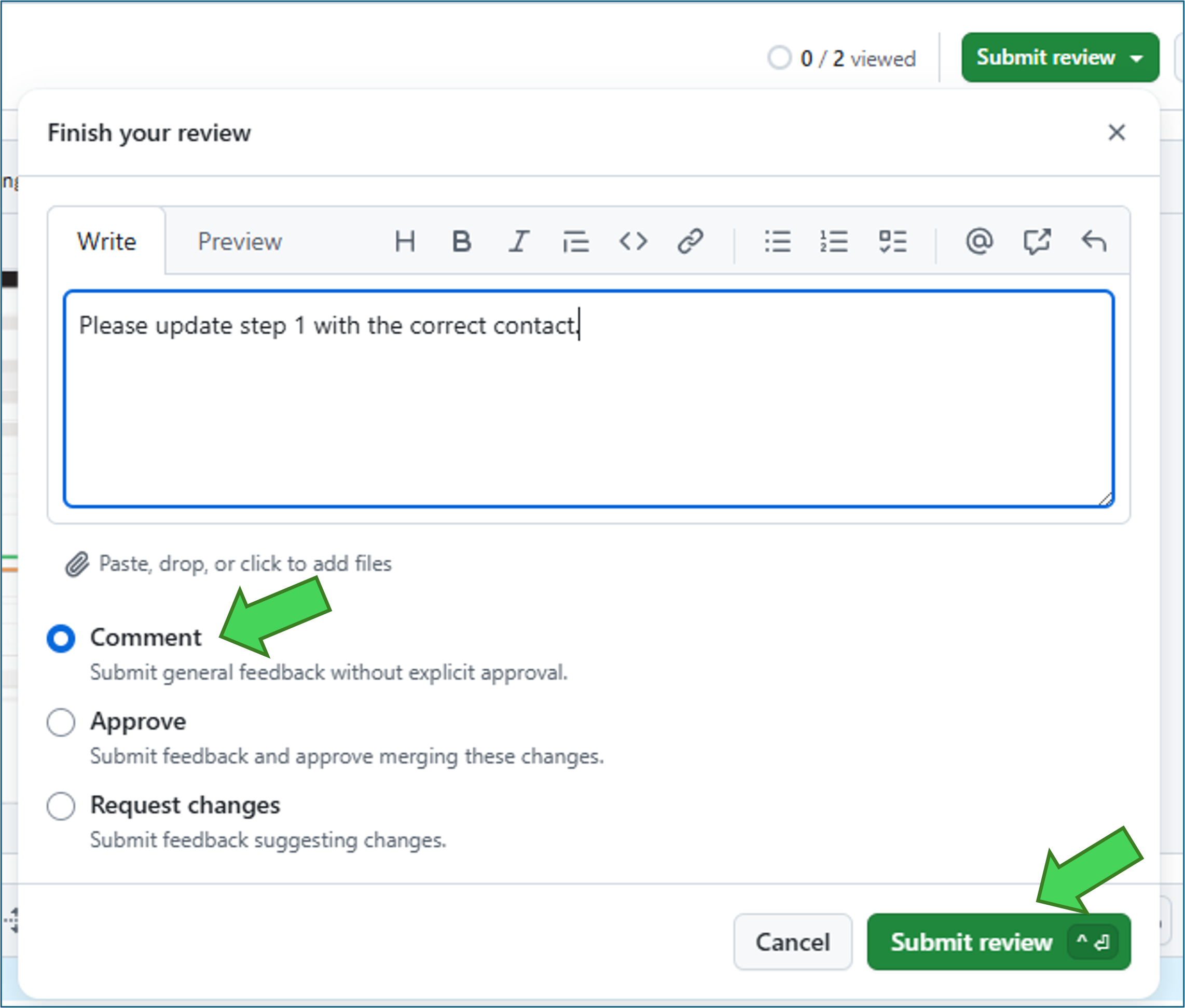 GitHub review dialog with a change comment entered and Comment selected.