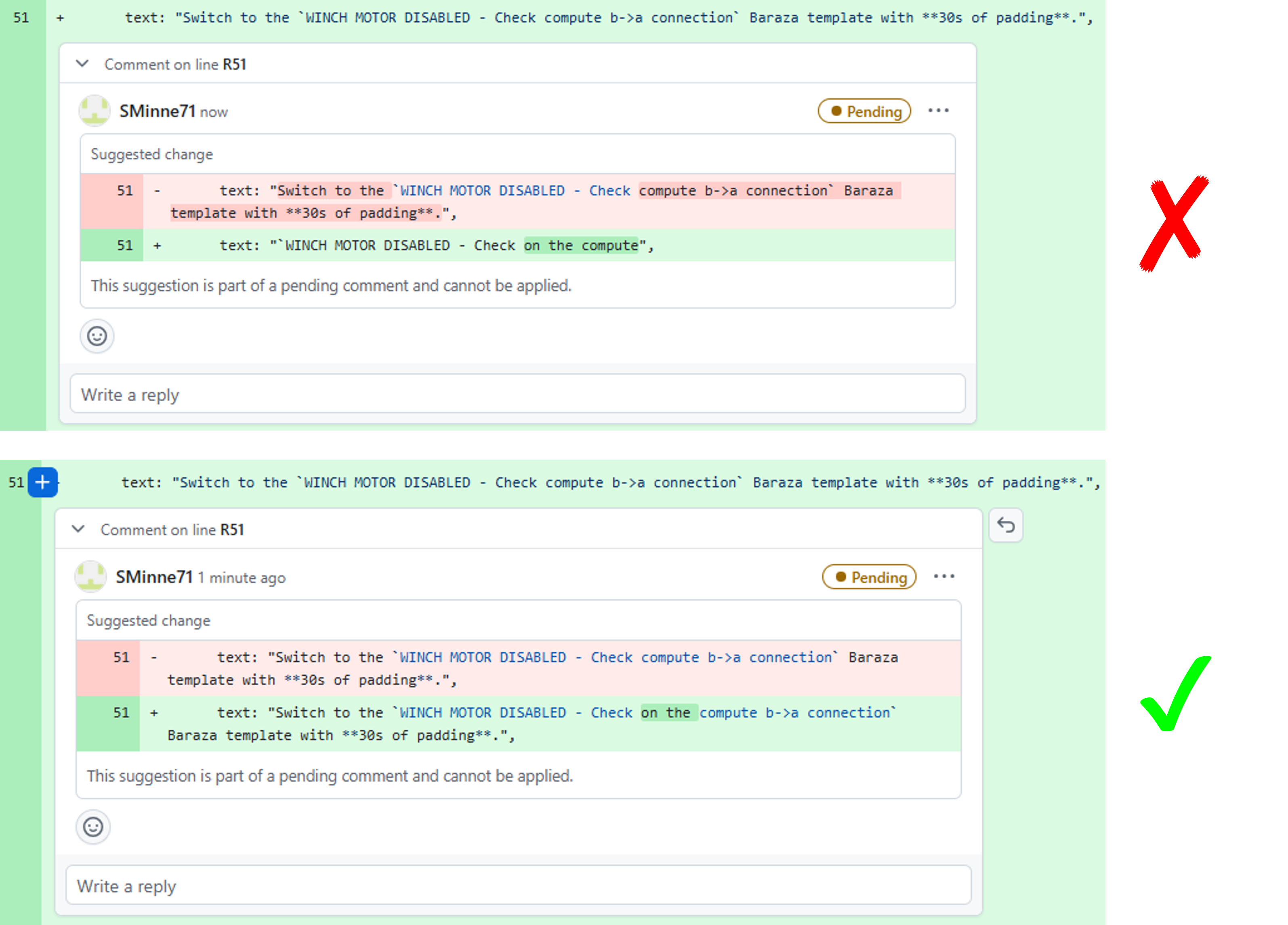Incorrect and correct suggested code change examples showing that the full replacement line must be included.