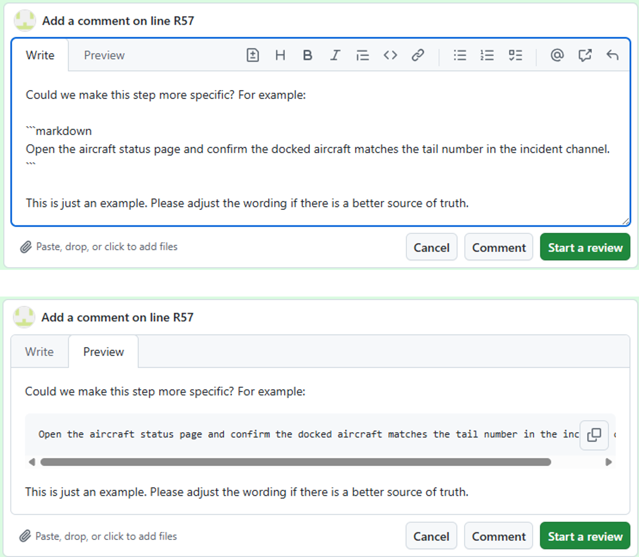 Fenced code block example typed in a GitHub review comment box.