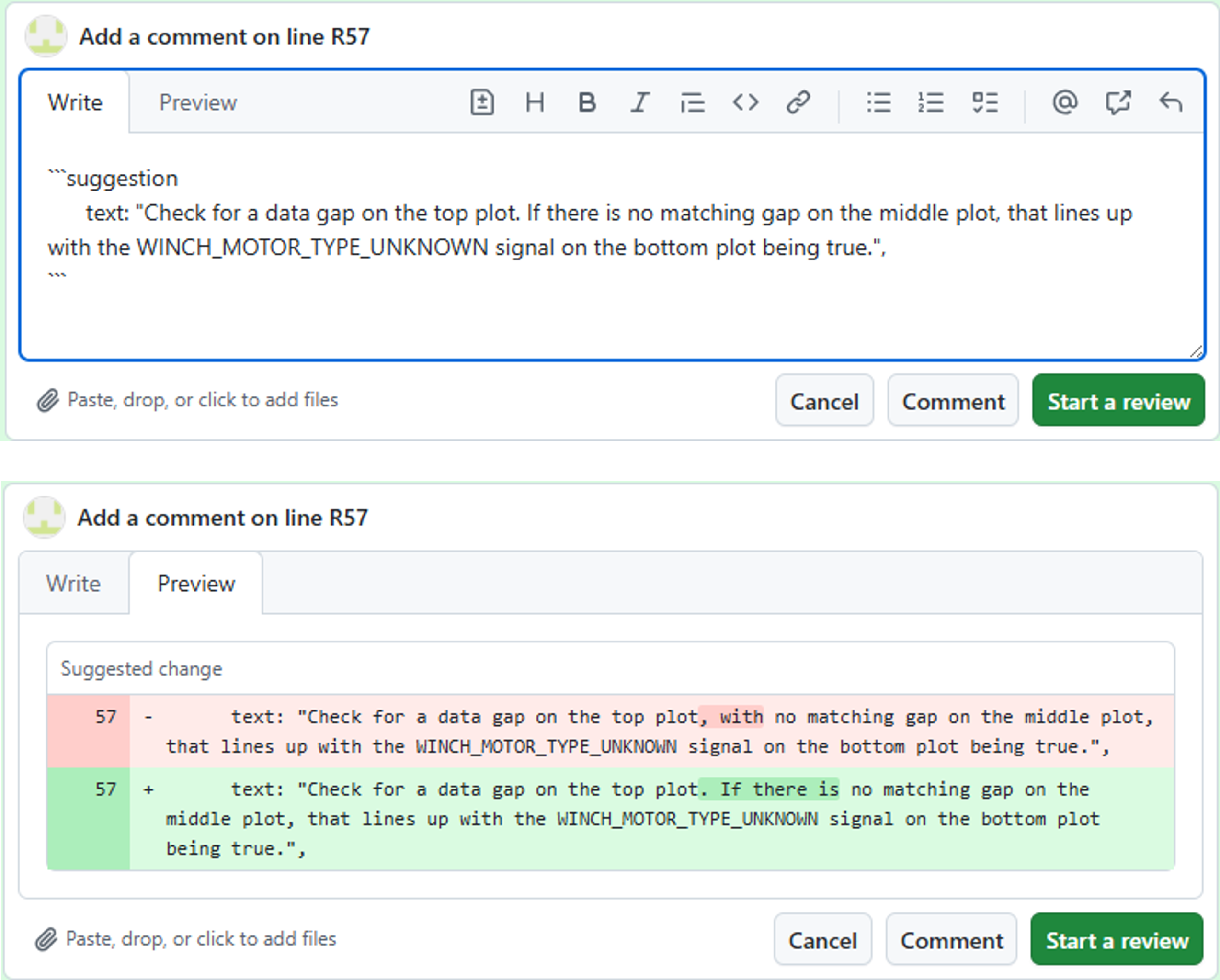 Suggested code change typed in a GitHub review comment box.