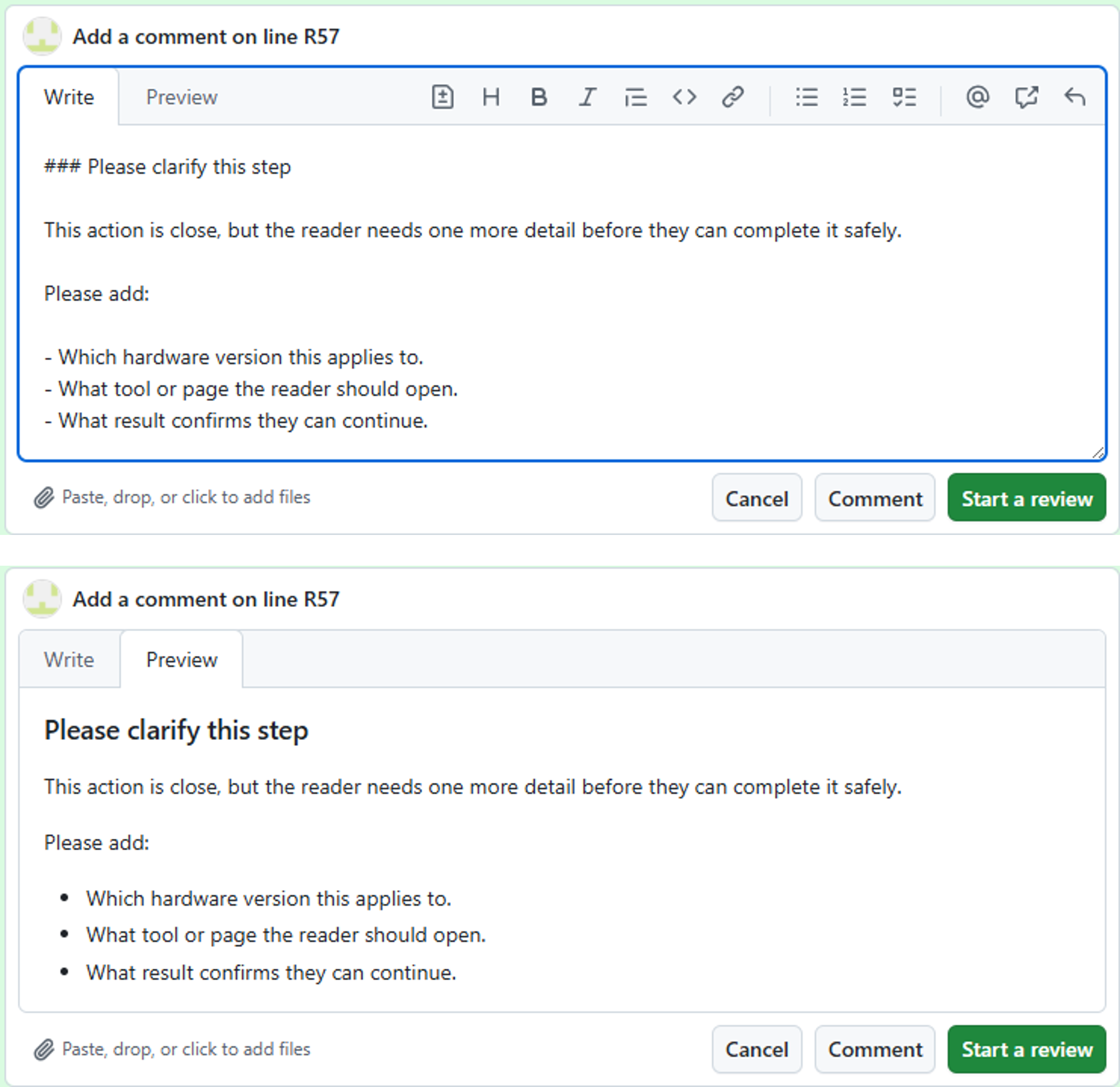 Markdown-formatted comment typed in a GitHub review comment box.