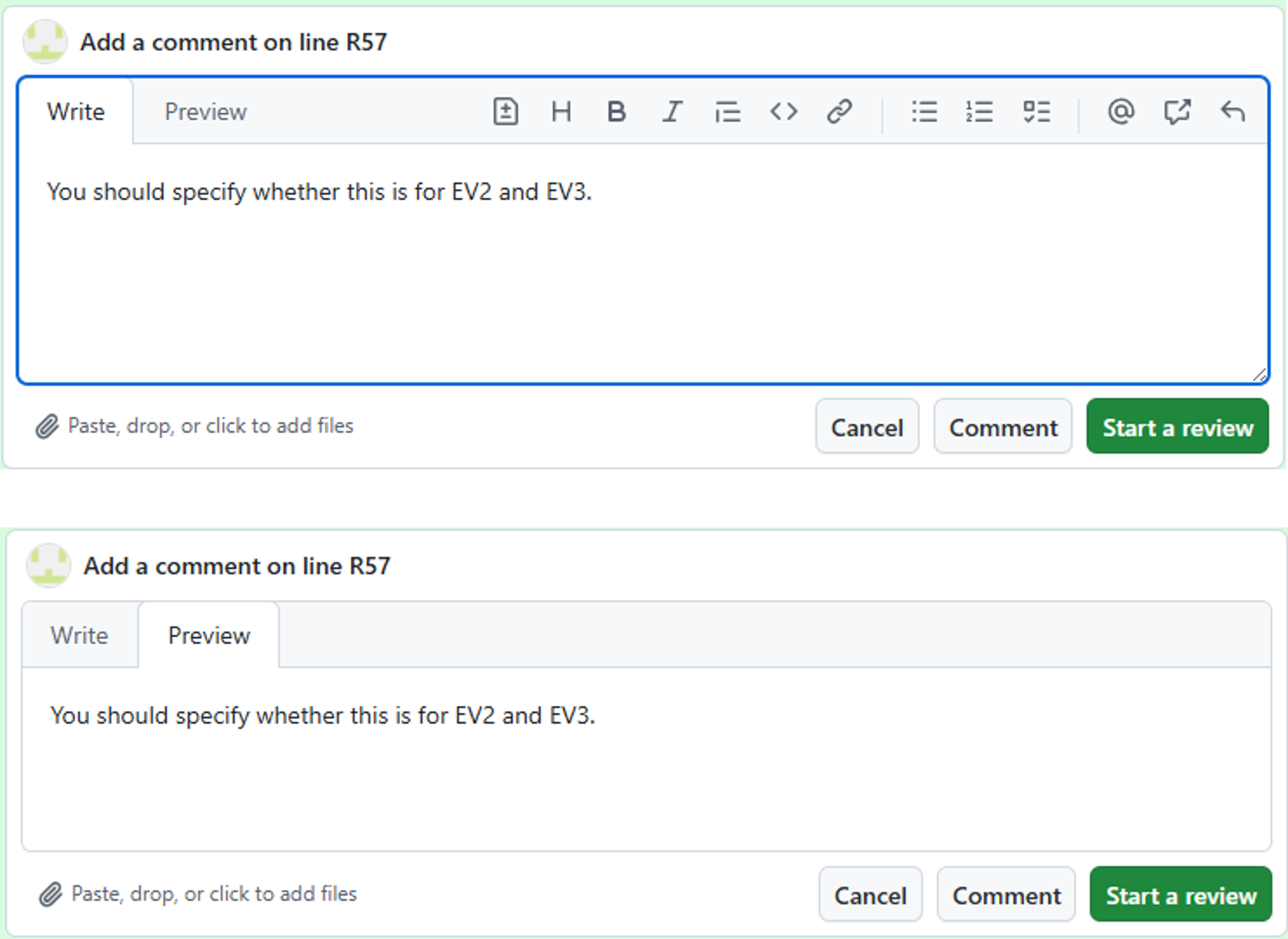 Plain text comment typed in a GitHub review comment box.
